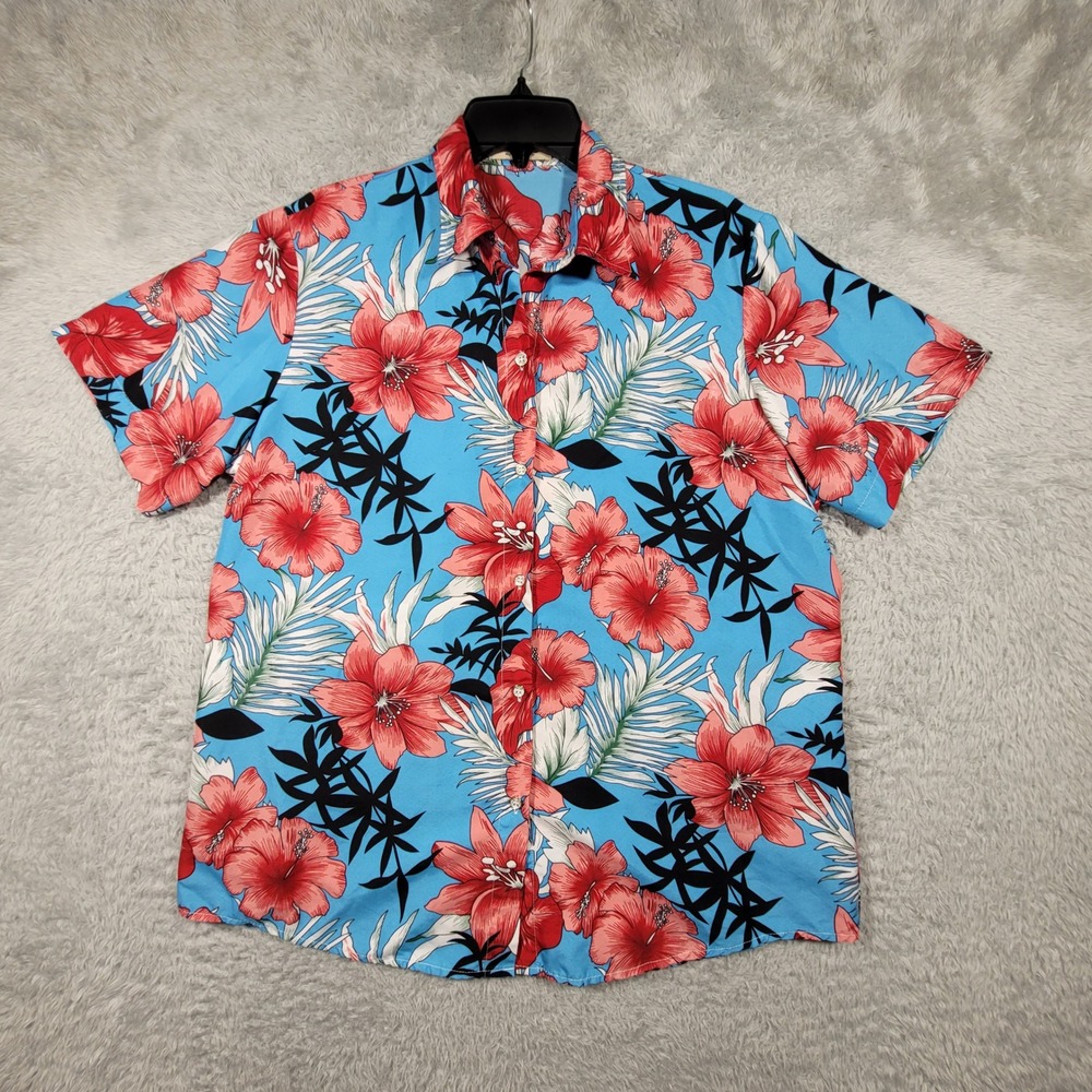SSLR Hawaiian Shirt Blue Red‎ Floral Print Short Sleeve Button Down XL